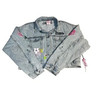 Barbie x Forever 21 Denim Jacket Light Wash Embroidered Flowers Hearts Cropped
